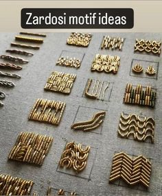 many different types of beading are displayed on a table with the words zardosi motifi ideas