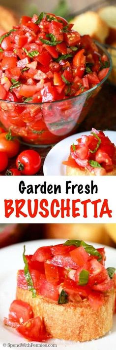 garden fresh bruschetta with tomatoes and basil in a glass bowl on a white plate