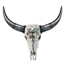 a bull's skull with long horns is shown against a white background