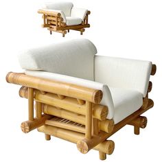 a chair made out of bamboo with white cushions on it's back and arms