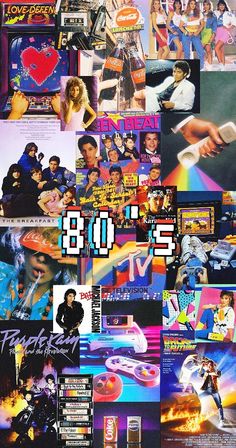 an advertisement for the 80's is shown in this collage