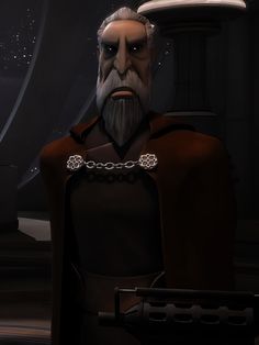 an animated image of a man with a beard wearing a star wars outfit and chain around his neck