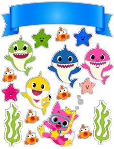 an assortment of cartoon shark stickers on a white background