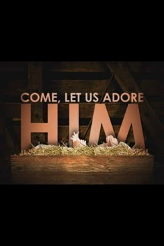 the words come let us adore him on top of hay