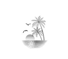 two palm trees and birds flying over the ocean