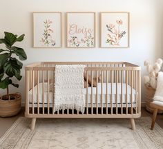 a baby crib with two pictures on the wall