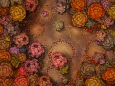 an overhead view of colorful flowers on a brown ground