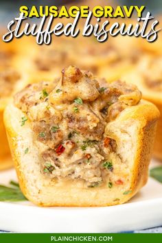 sausage gravy stuffed biscuits on a plate with the title above it