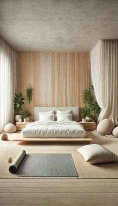 a large bed sitting in the middle of a living room next to a wooden floor