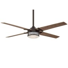 a ceiling fan with two wooden blades and a light fixture on it's side