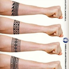 three different types of temporary tattoos on both arm and wrist, one with an ornament design