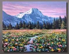 a painting of a mountain with flowers in the foreground and a stream running through it