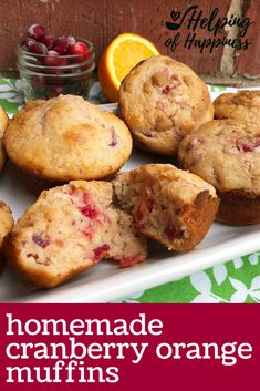 homemade cranberry orange muffins on a white plate with text overlay