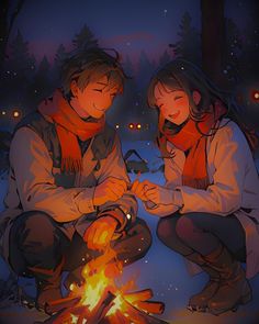 two people sitting around a campfire in the snow