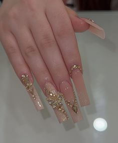 Xv Nails Champagne, Dama Nails, Nails Quince, Nails With Gold, Acrylic Nails Coffin, Square Acrylic Nails