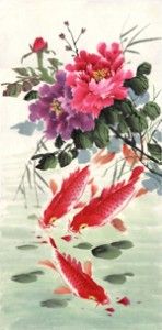 an image of flowers and fish in the water