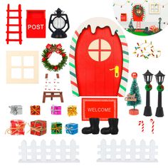 an assortment of holiday items including a red door, wreaths, and other decorations