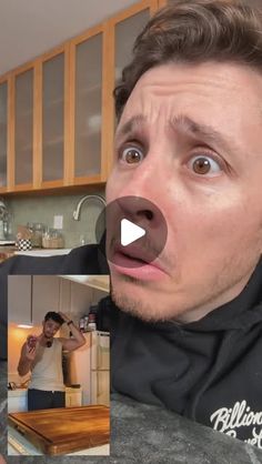 a man making a funny face in the kitchen