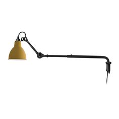 a black and yellow wall light with an arm that is attached to the side of it