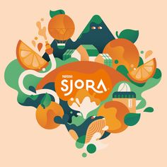 an orange and green illustration with the word sora in it's center surrounded by other things