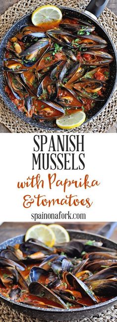 spanish mussels with paprika and tomatoes in a skillet on a table