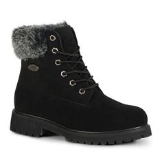 These women's Lugz Convoy boots deliver a sleek work-style complete with cushioned insoles for optimal performance.Watch the video to find out how to perfectly fit your boots.BOOT FEATURES Faux-fur trim Padded collar & tongue Durable lug sole BOOT CONSTRUCTION Synthetic upper Faux-fur lining Rubber outsole BOOT DETAILS Round toe Lace-up closure Cushioned insole 1-in. heel 5.5-in. shaft 12.5-in. circumference  Size: Medium (9). Color: Black. Gender: female. Age Group: adult. Pattern: Solid. M Lugz Boots, Short Black Boots, Womens Black Booties, Lug Sole Boots, Faux Fur Boots, Women's Ankle Boots, Winter Ankle Boots, Hiking Boots Women, Fur Lined Boots