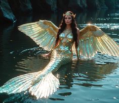 a woman dressed as a mermaid sitting in the water with her wings spread wide open