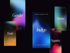 four different types of magazine covers on a black background, with the title'ndigo written in white