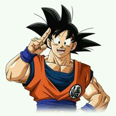 the dragon ball character is pointing to his left side with one hand and two fingers in the air