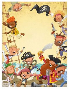 a group of cartoon pirates standing on top of a ship