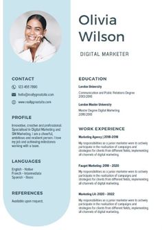 a blue and white resume template with an image of a woman on the front page