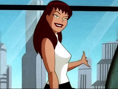 an animated woman standing in front of a window with her hand on her hip and looking at the camera