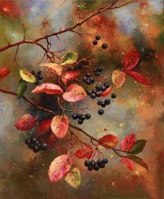 a painting of berries and leaves on a branch