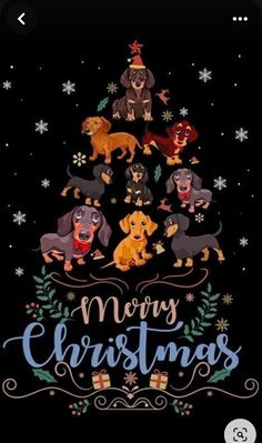 a christmas tree with dachshunds on it and the words merry christmas written in blue