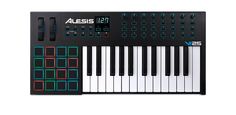 the alesis mini keyboard is shown in black and white with red, green and blue keys