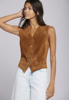 The Virtue Suede Vest Chic Fitted Tank Vest, Classic Fitted Sweater Vest For Summer, Classic Fitted Tank Top For Fall, Fitted Chic Brown Sweater Vest, Classic Fitted Tank Vest, Chic Fitted Brown Sweater Vest, Chic Brown Fitted Sweater Vest, Fitted Vest For Fall, Classic Sleeveless Tops For Fall