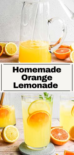 homemade orange lemonade in pitcher and glasses with slices of oranges on the side