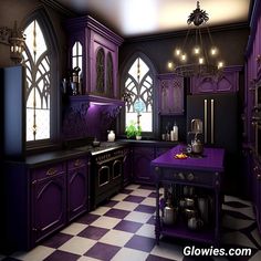 a purple and black kitchen with checkered flooring on the walls, cabinets and counter tops