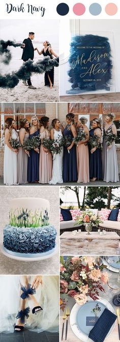 a collage of photos with different wedding colors and themes, including the bride and groom's cake