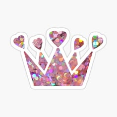 a pink glitter crown sticker with hearts on the front and two crowns on the back