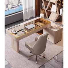 an office desk with a chair and laptop on it in front of a large window