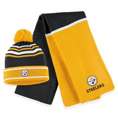 Get warm in Pittsburgh Steelers style with this cuffed knit hat and scarf set from WEAR by Erin Andrews. It features embroidered team graphics and a bold two-tone design. Whether going to the stadium or enjoying a cold day outdoors, proudly rep the Pittsburgh Steelers with this set.Get warm in Pittsburgh Steelers style with this cuffed knit hat and scarf set from WEAR by Erin Andrews. It features embroidered team graphics and a bold two-tone design. Whether going to the stadium or enjoying a col Knit Hat And Scarf, Pittsburgh Steelers Hats, Hat And Scarf Set, Erin Andrews, Yellow Hat, Hat And Scarf Sets, Cozy Scarf, Hat And Scarf, Women's Headwear