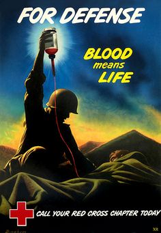 an advertisement for blood means life with a red cross symbol on the front and back