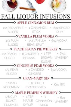 the fall liquor info sheet is shown with apples, cinnamons and apple cider