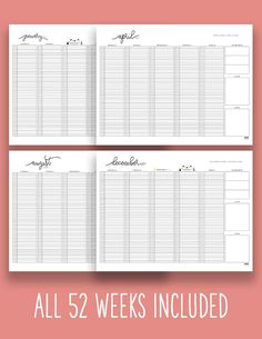 the printable planner for all 52 week's included is shown in three different sizes