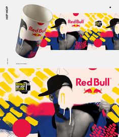 an advertisement for red bull is shown in two different colors