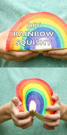 someone holding a paper plate with a rainbow on it and the words diy rainbow squishy