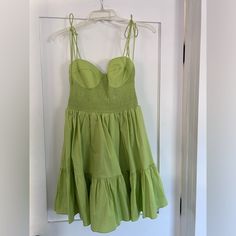 Staud Tiered Mini Dress With Smocked Corset Bodice. Adjustable Tie Straps And A Crinoline For Added Skirt Volume. Size Medium. Lime Green Color. Cool Lime, Tiered Mini Dress, Corset Bodice, Tiered Dress, Green Color, Lime Green, Green Colors, Bodice, Size Medium