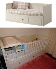 a baby crib with drawers underneath it and an image of a bed in the middle