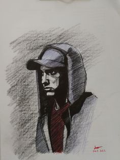 a drawing of a man wearing a hat and jacket with his head turned to the side